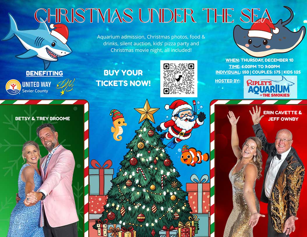 Christmas Under the Sea flyer at Ripley's Aquarium of the Smokies hosted by Betsy and Trey Broome and Erin Cavette and Jeff Ownby