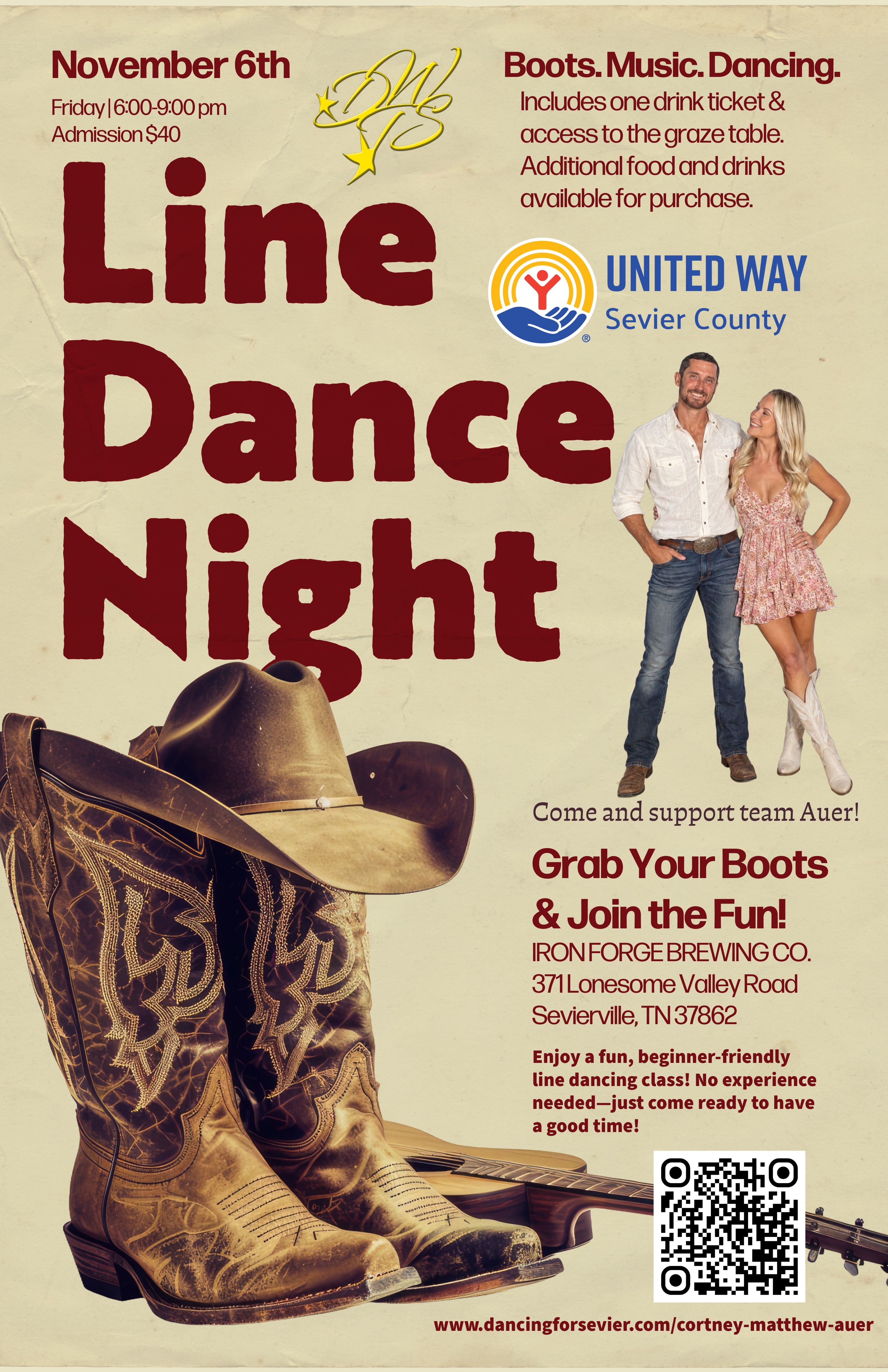 Line Dance Night flyer - Team Auer - Friday November 6th at Iron Forge Brewing Co. benefiting United Way of Sevier County