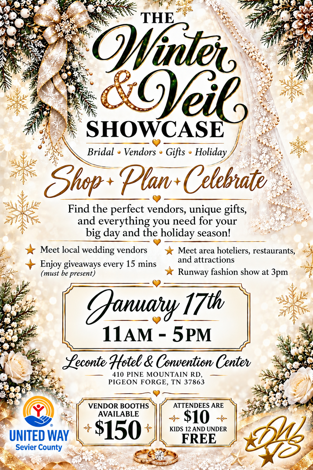 The Winter & Veil Showcase event flyer - January 17th from 11AM to 5PM at LeConte Hotel & Convention Center, Pigeon Forge