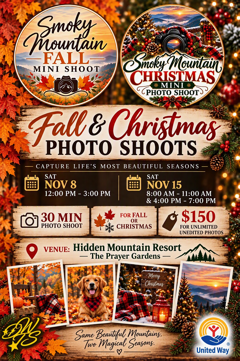 Smoky Mountain Fall and Christmas Mini Photo Shoots event flyer - November 8 & 15 at Hidden Mountain Resort The Prayer Gardens