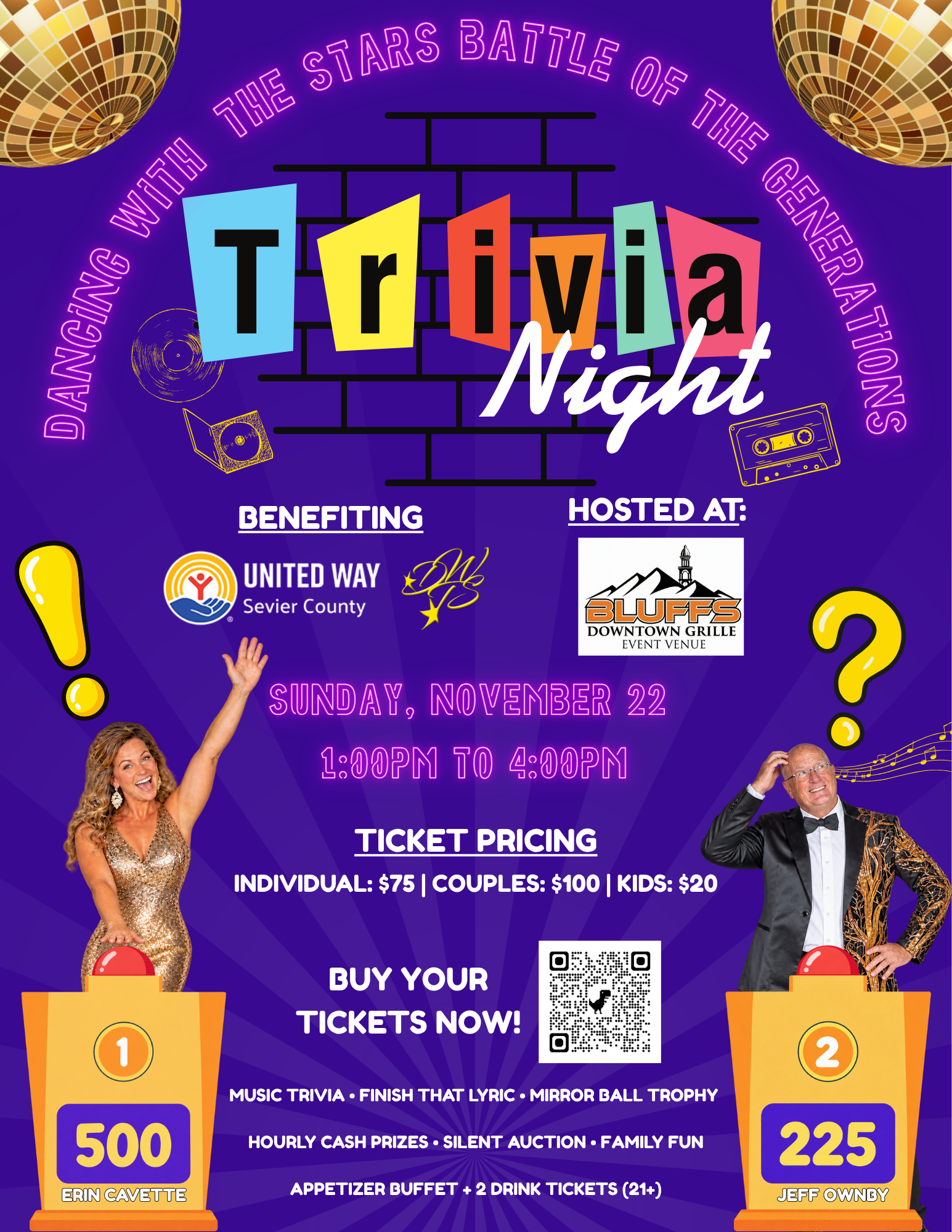 Dancing with the Stars Battle of the Generations Trivia Night flyer hosted by Team Cavette and Ownby at Bluffs Downtown Grille