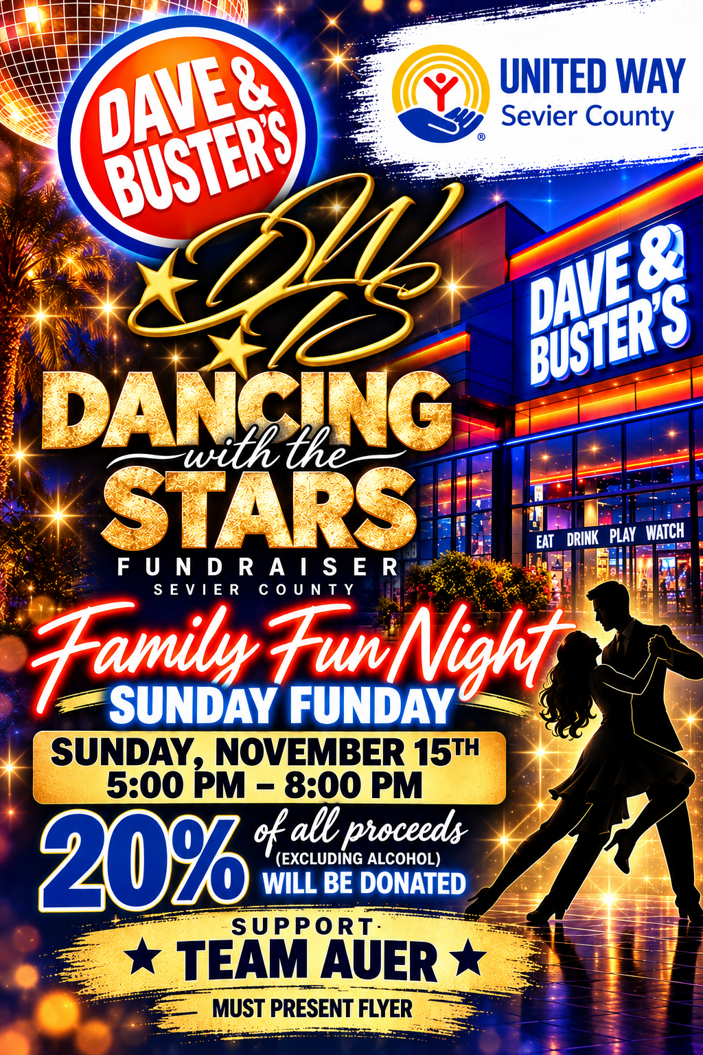 Dave & Buster's Family Fun Night Dancing With The Stars Fundraiser Flyer - Team Auer