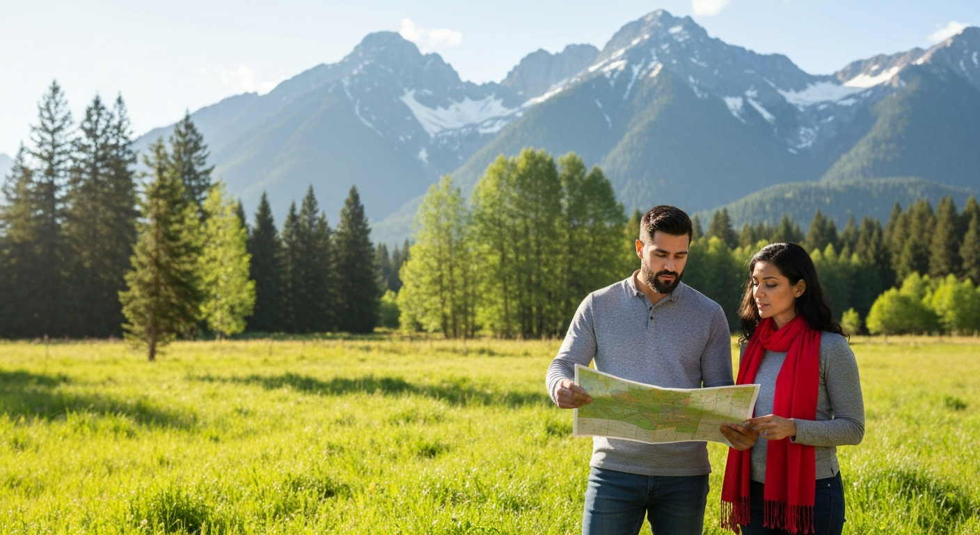 Couple reviewing documents on vacant land