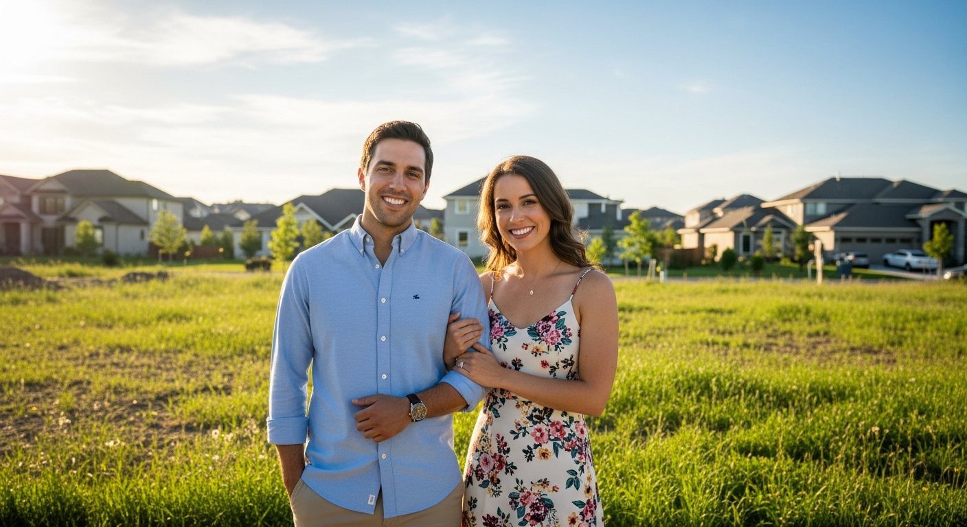 Smiling couple in a vacant residential infill lot