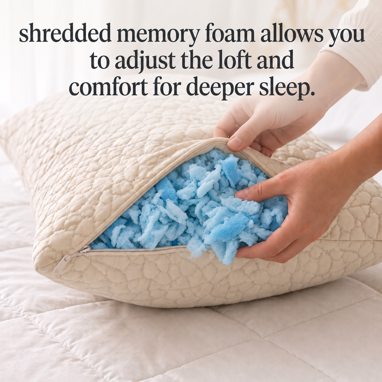 Adjusting Chiropure Pillow fill - shredded memory foam allows you to adjust the loft and comfort for deeper sleep