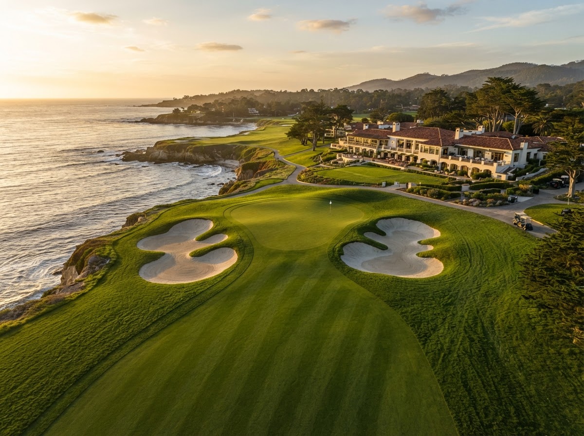 Lush green golf course fairway with putting green and clubhouse at golden hour
