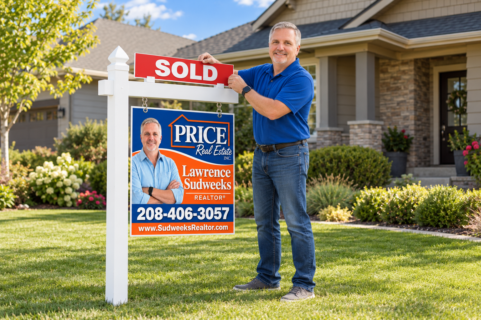 Lawrence Sudweeks with a SOLD sign in front of a home