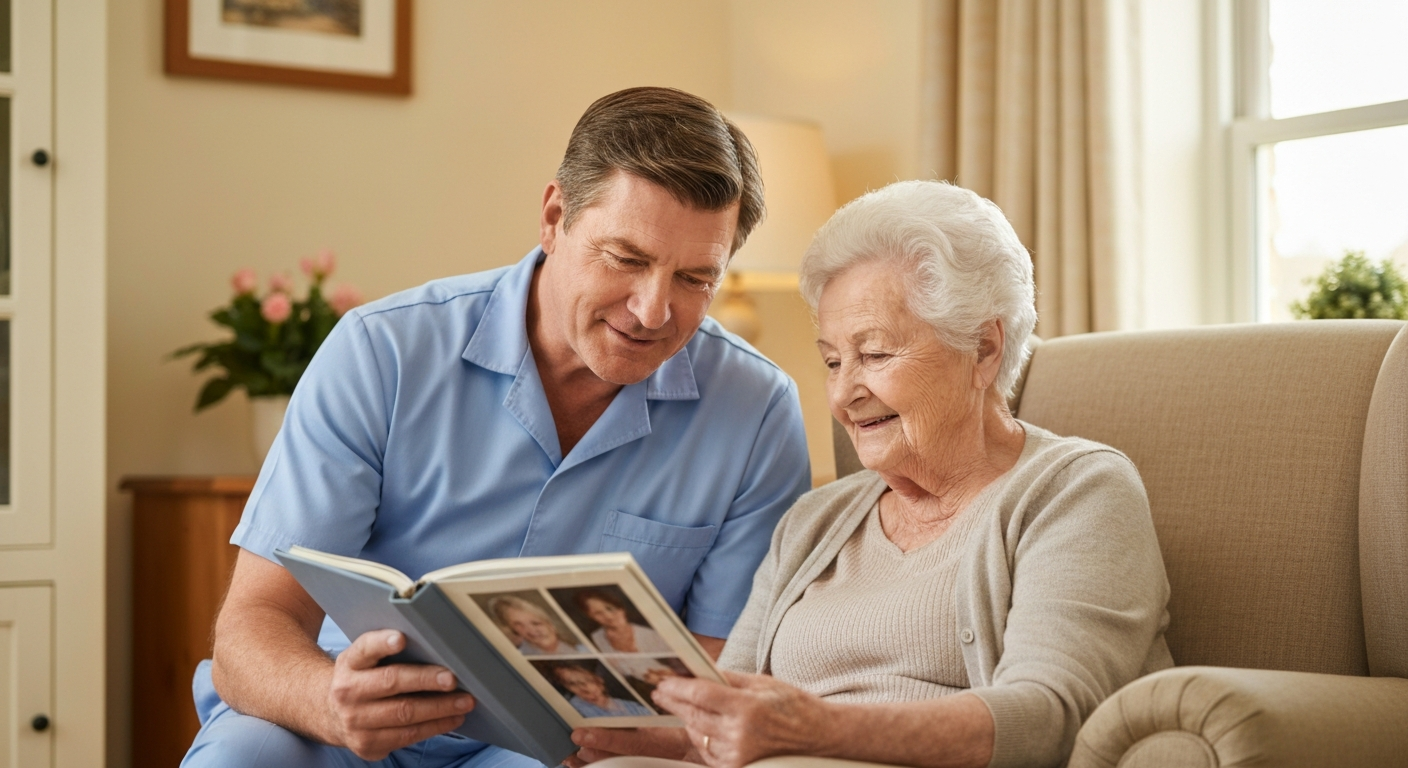 Care worker and elderly person looking at a photo album