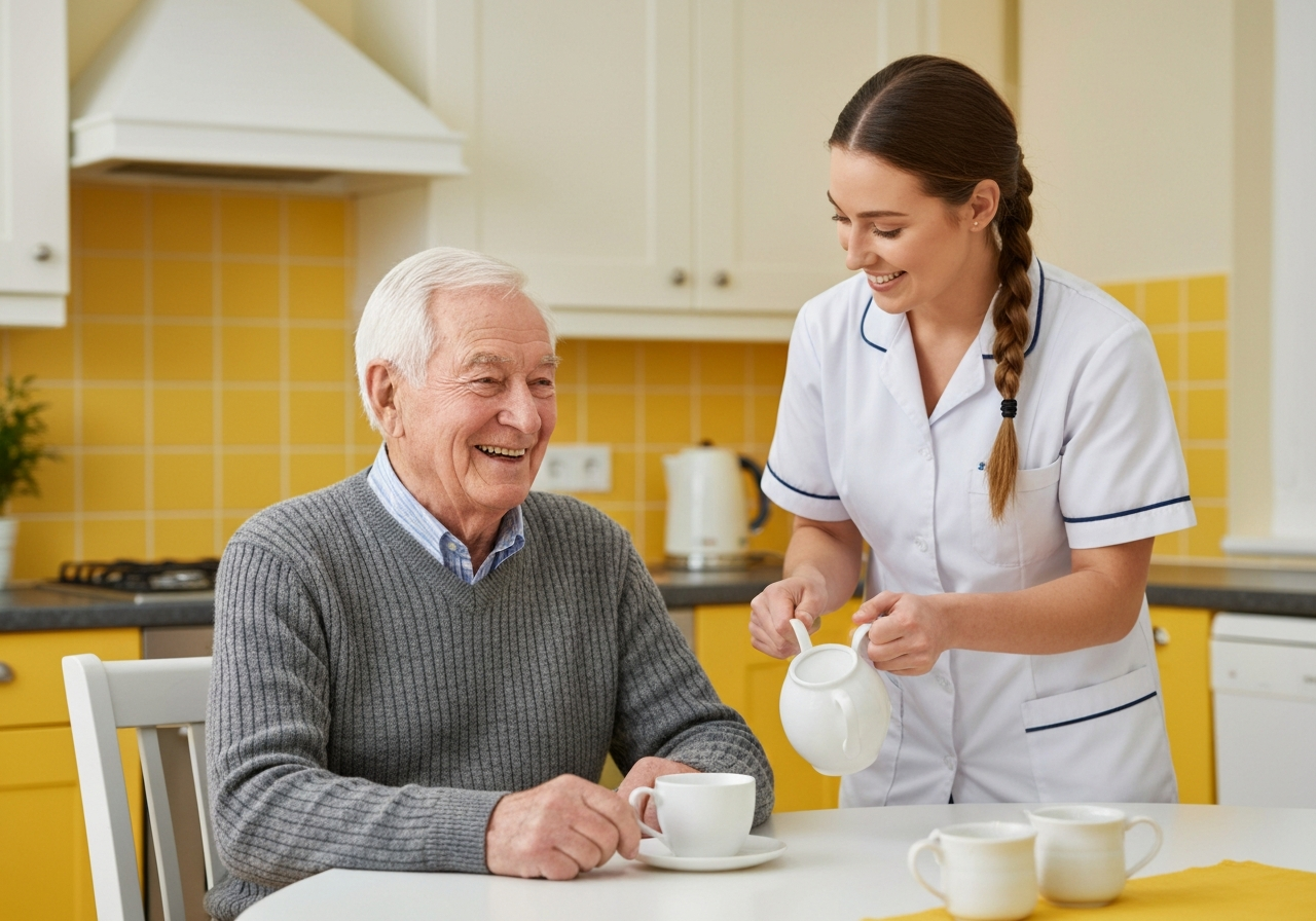 Care worker helping an elderly man in the kitchen