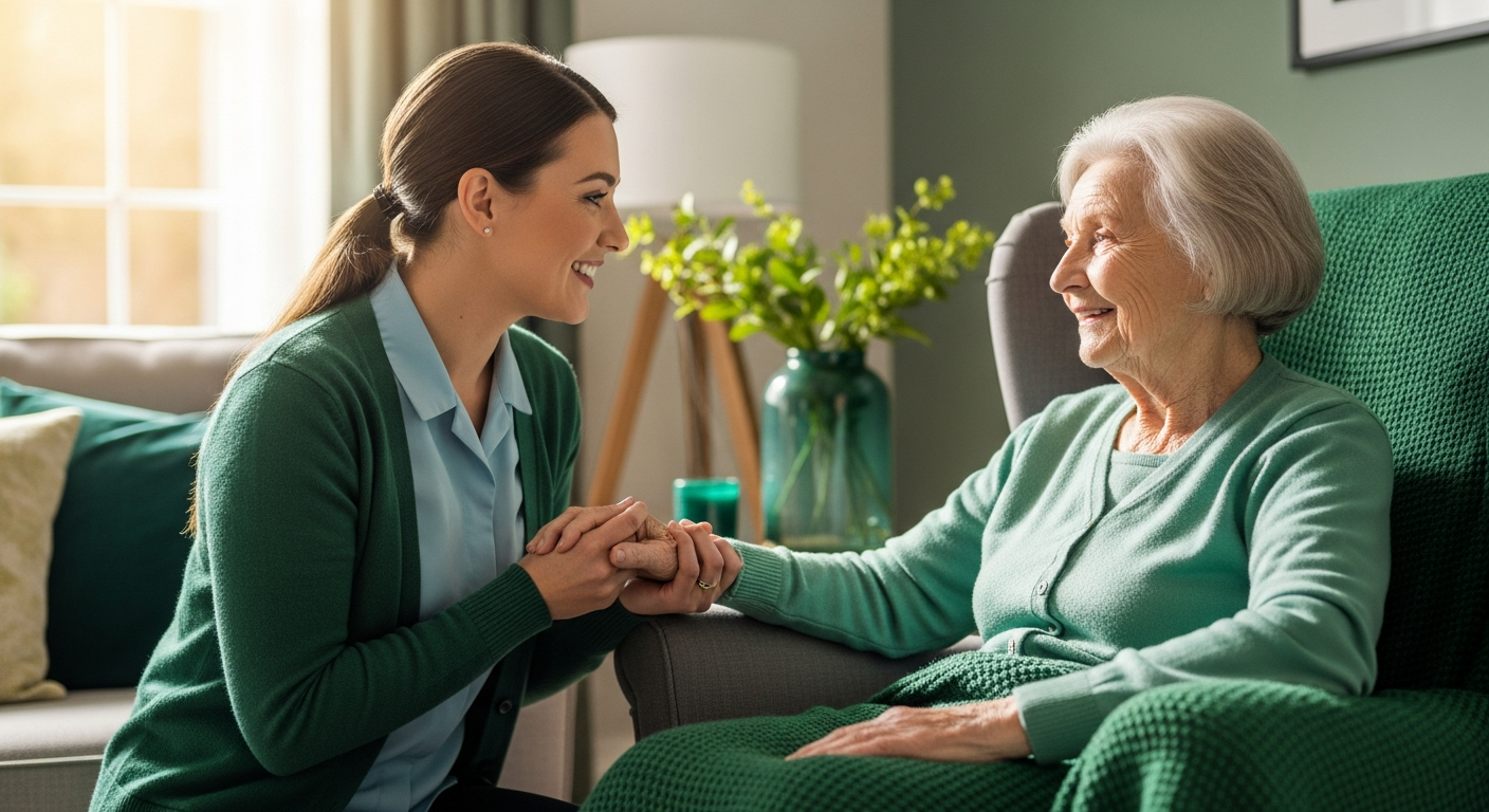 Care worker and elderly person smiling