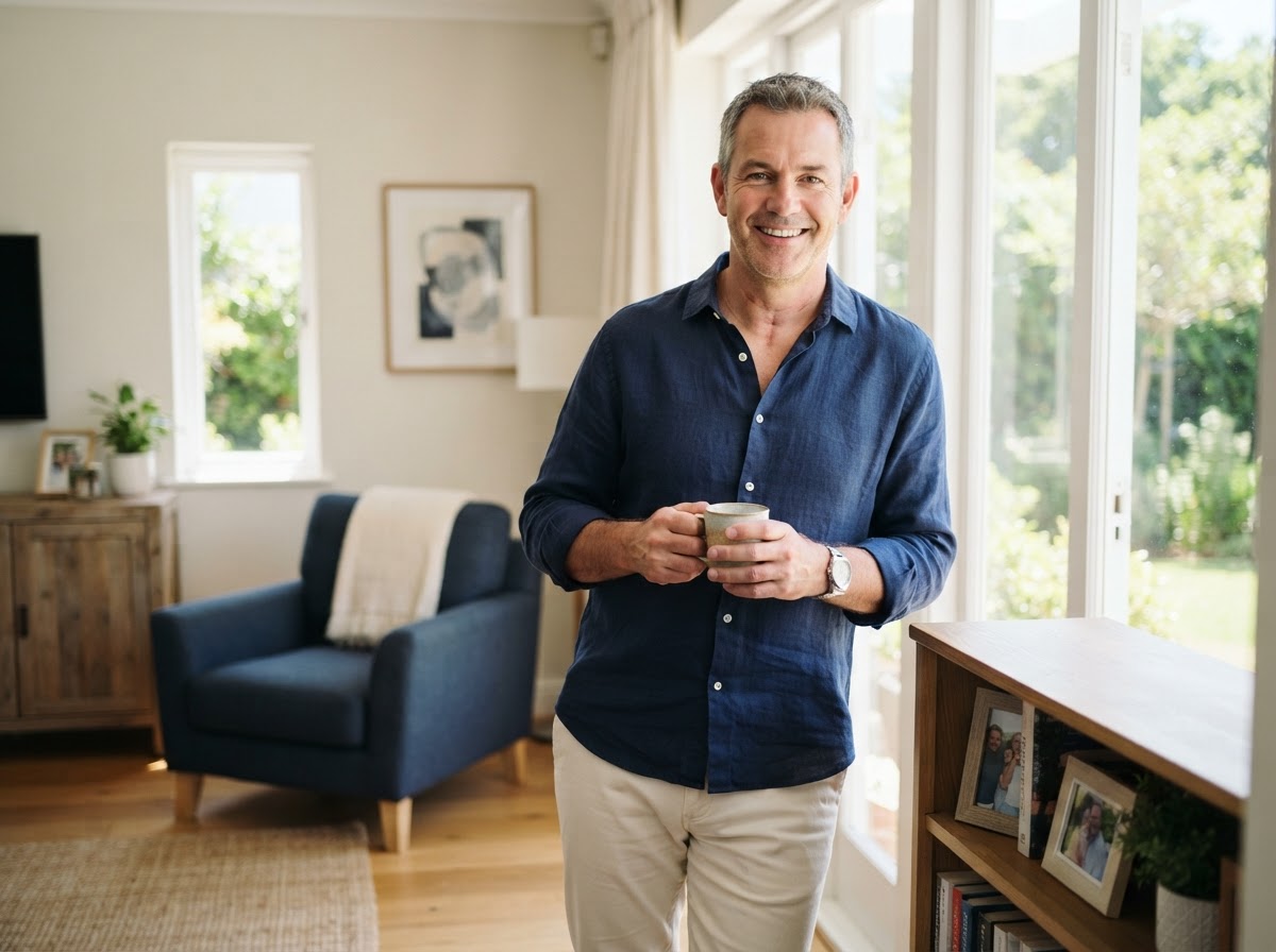 Recovered patient smiling confidently at home after head and neck cancer surgery