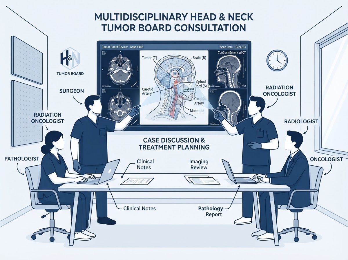 Medical illustration showing multidisciplinary tumor board consultation with head and neck imaging review