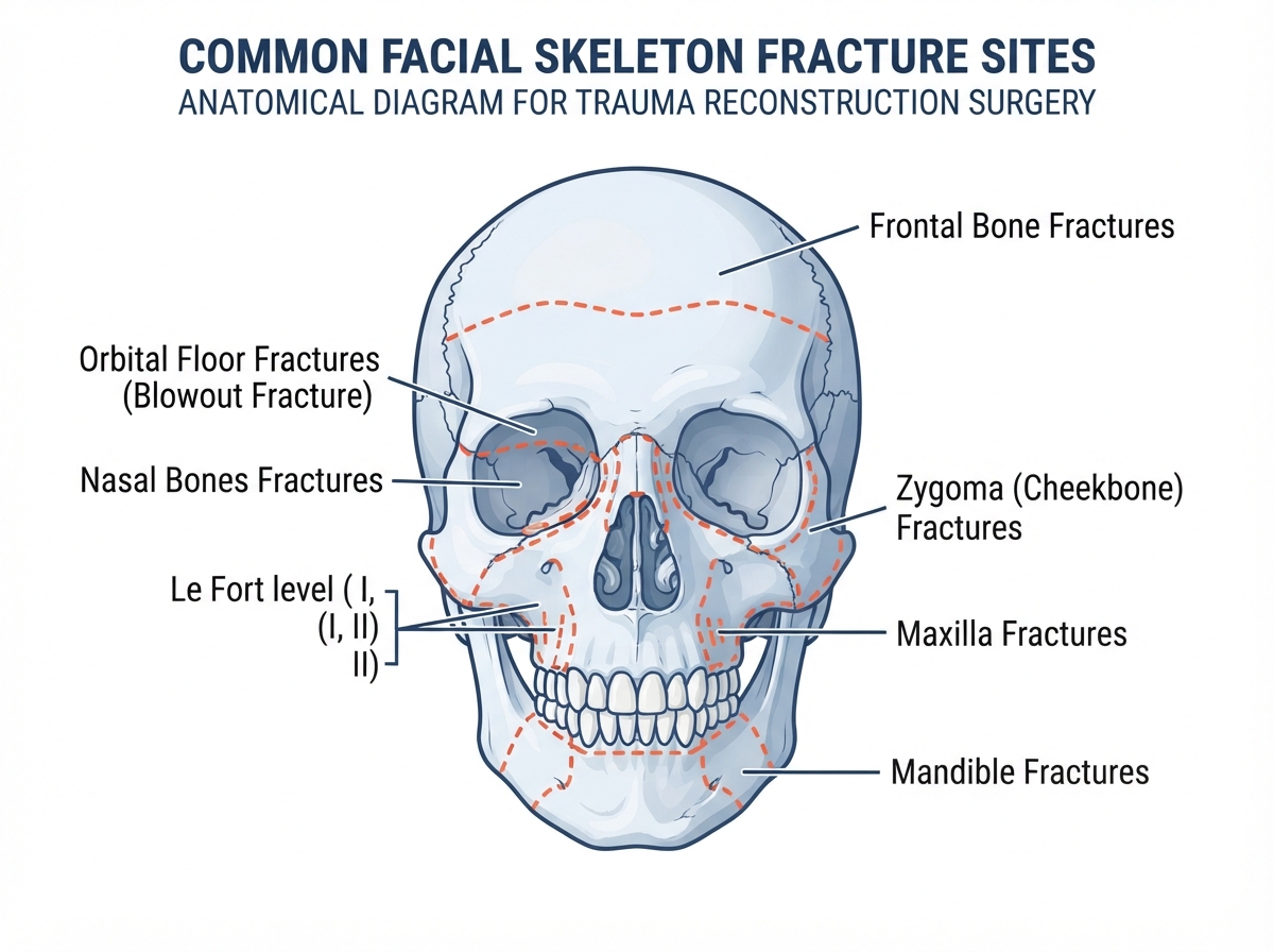 Facial skeleton fracture sites addressed in trauma reconstruction