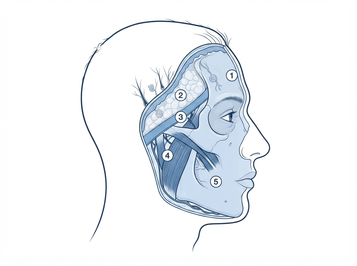 Medical illustration of facial anatomy in profile showing numbered layers: skin, subcutaneous fat, SMAS, facial muscles, and facial bone