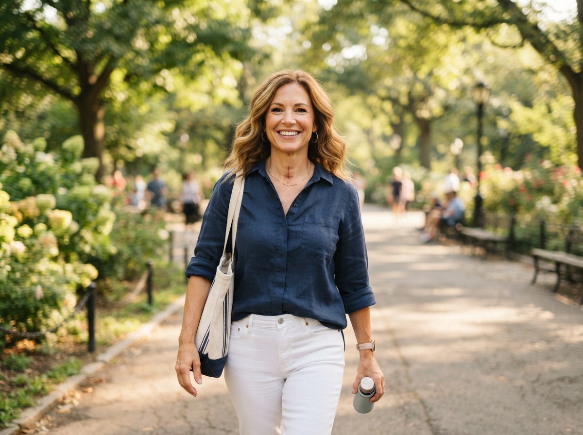 Recovered patient walking confidently in a park after thyroid surgery