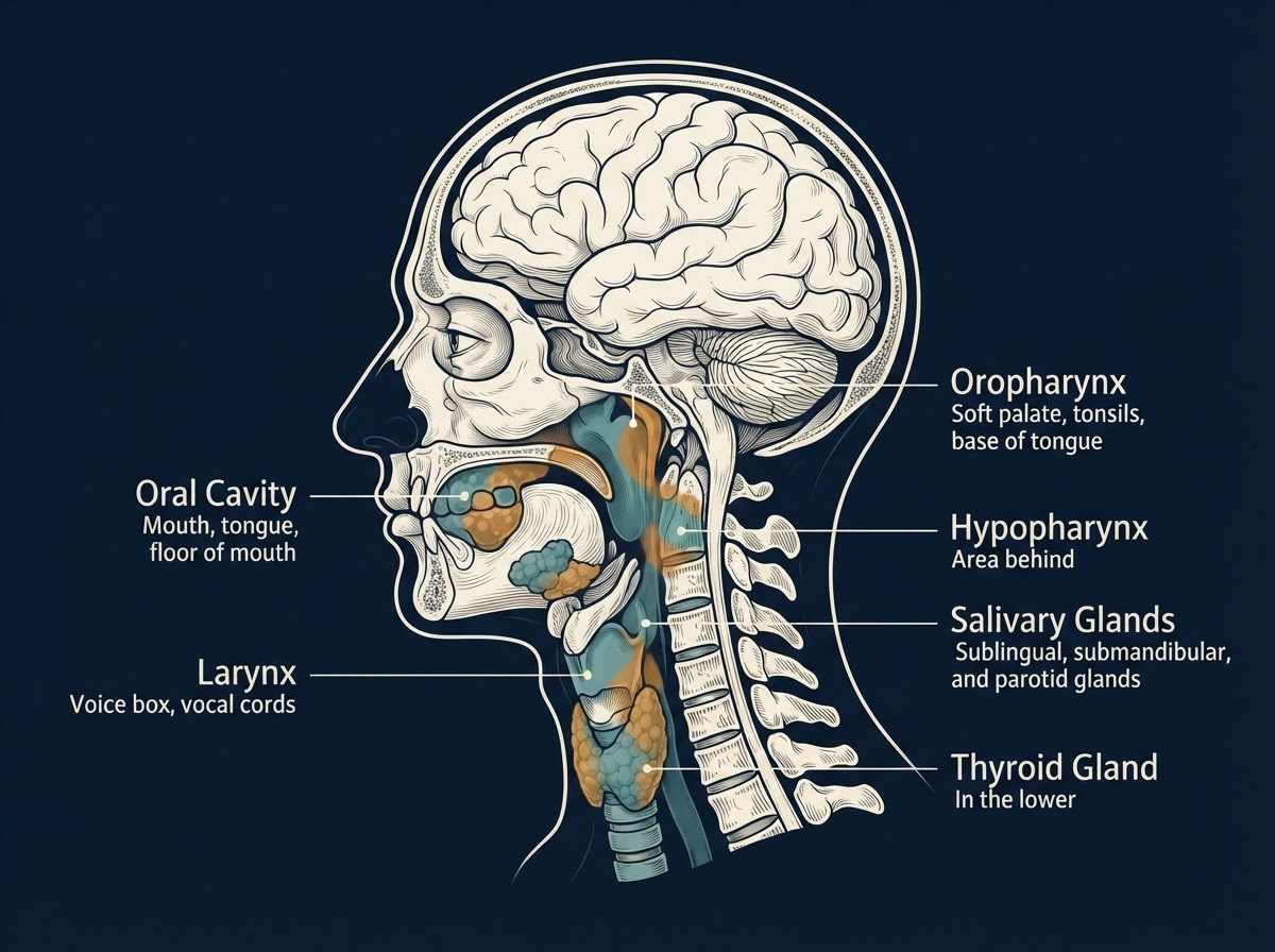 Anatomical diagram of the head and neck showing regions affected by cancer including oral cavity, oropharynx, larynx, salivary glands, and thyroid