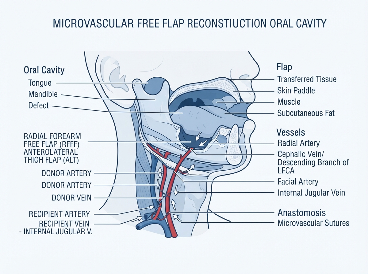 Medical illustration showing microvascular free flap reconstruction of the oral cavity with tissue transfer and blood vessel anastomosis