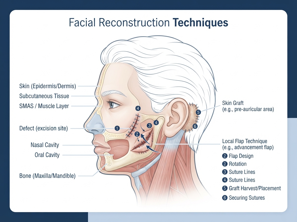 Medically accurate diagram of facial reconstruction techniques showing anatomical layers and closure methods used by Dr. Hassan Nasser