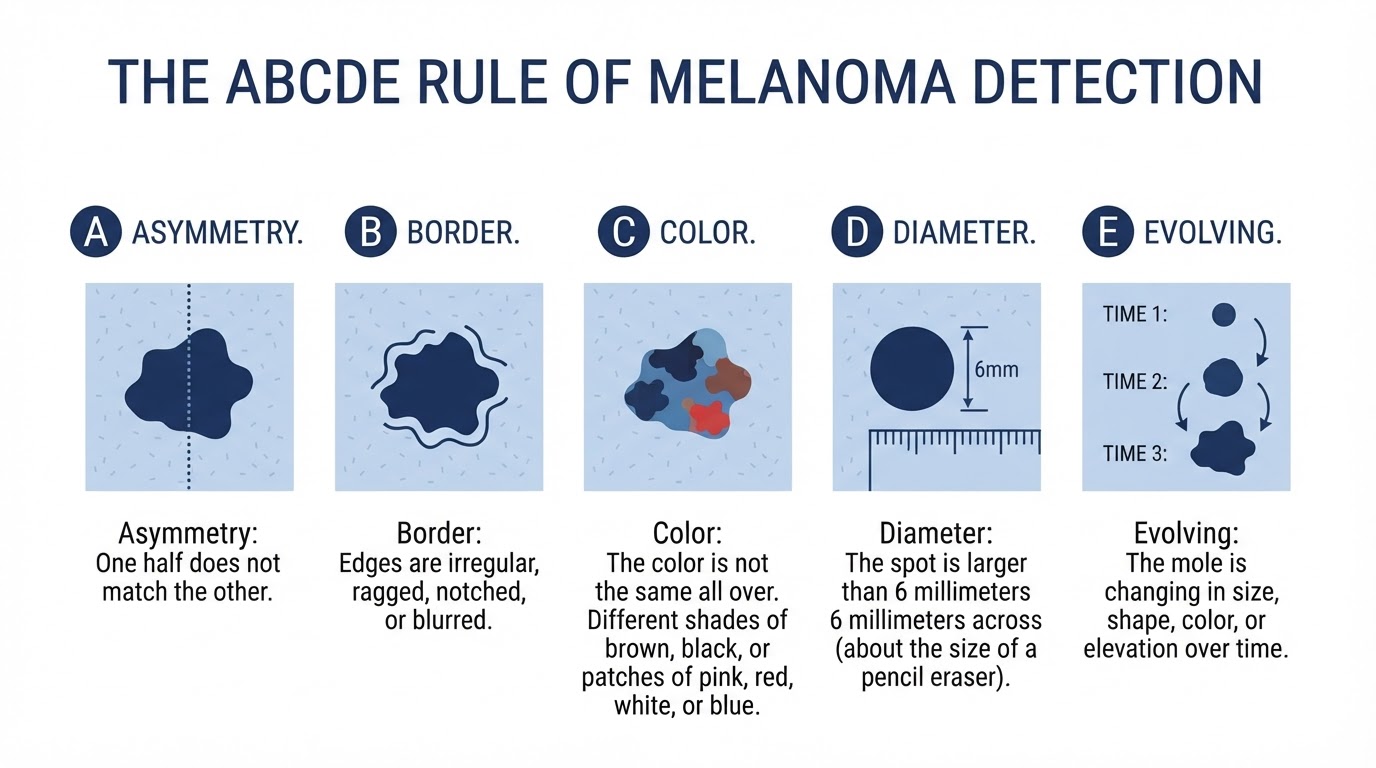 Medical illustration showing the ABCDE rule for melanoma detection: Asymmetry, Border, Color, Diameter, and Evolving