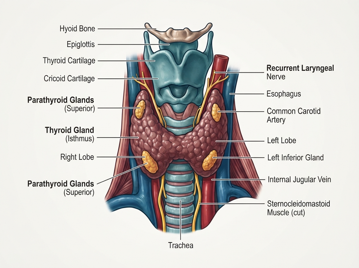 Anatomical diagram of the thyroid and parathyroid glands showing the butterfly-shaped thyroid wrapping around the trachea, four parathyroid glands, and recurrent laryngeal nerves