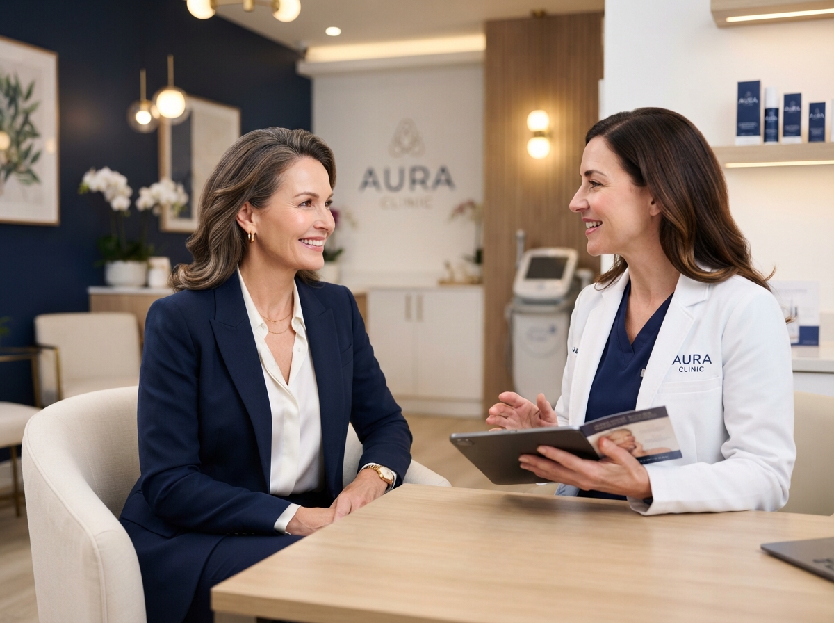 Confident mature adult with defined facial contour in a modern medical office