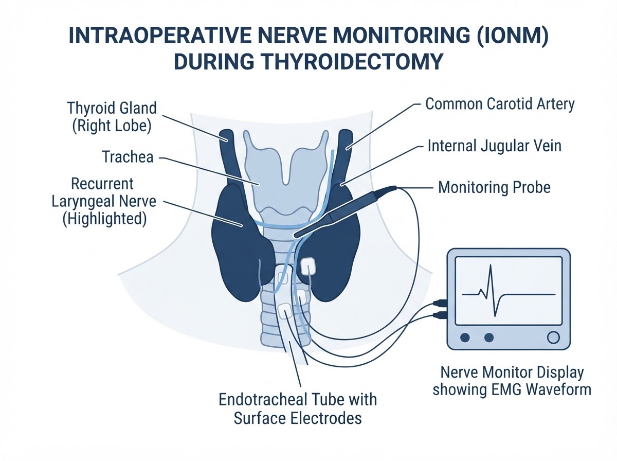 Medical illustration showing intraoperative nerve monitoring during thyroid surgery with recurrent laryngeal nerve highlighted