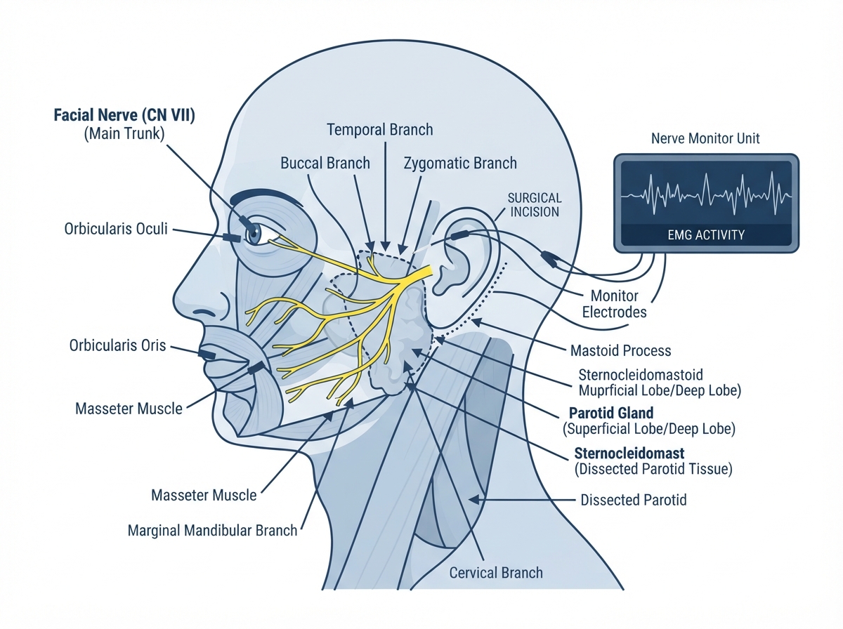 Medical illustration showing parotidectomy with facial nerve monitoring and nerve branches highlighted
