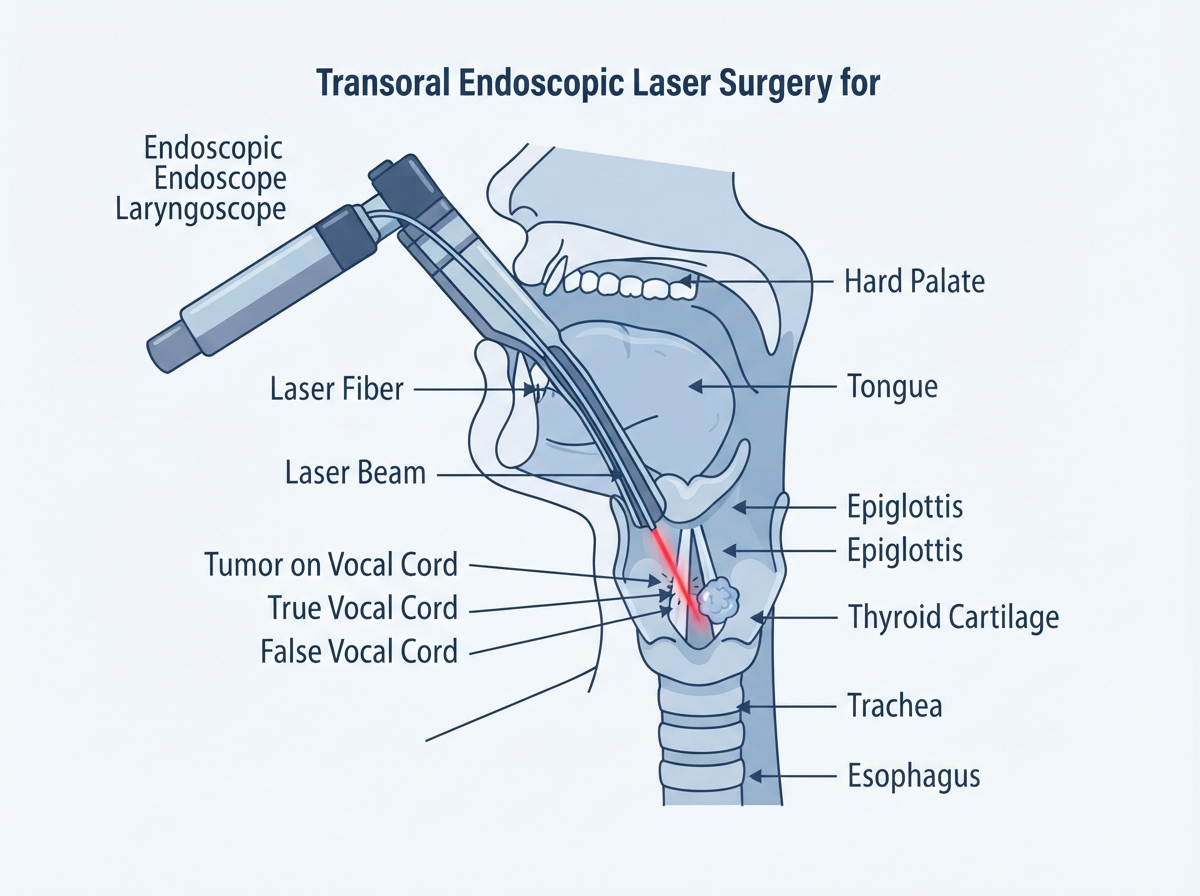 Medical illustration showing transoral endoscopic laser surgery targeting a tumor on the vocal cord