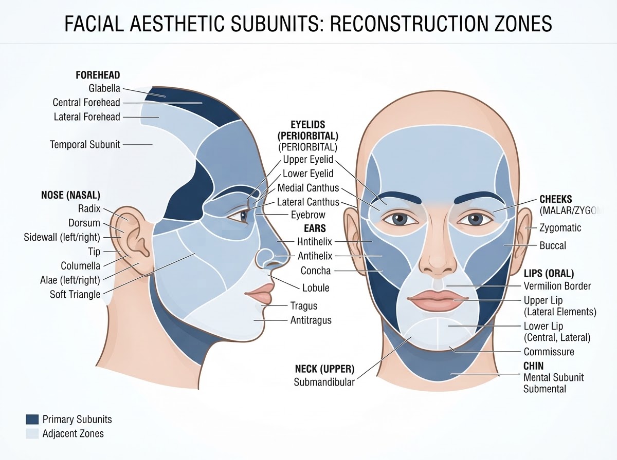 Facial aesthetic subunits commonly affected by skin cancer requiring reconstruction