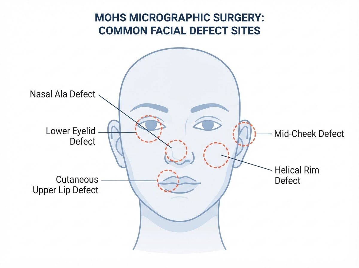 Facial regions commonly requiring Mohs defect reconstruction