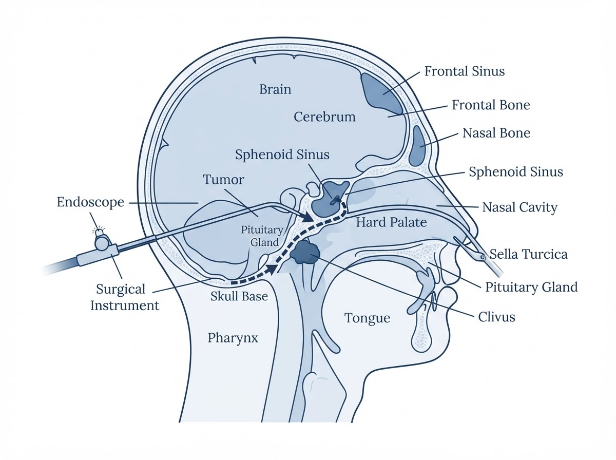 Medical illustration showing endoscopic endonasal approach to skull base surgery with surgical pathway through the nose