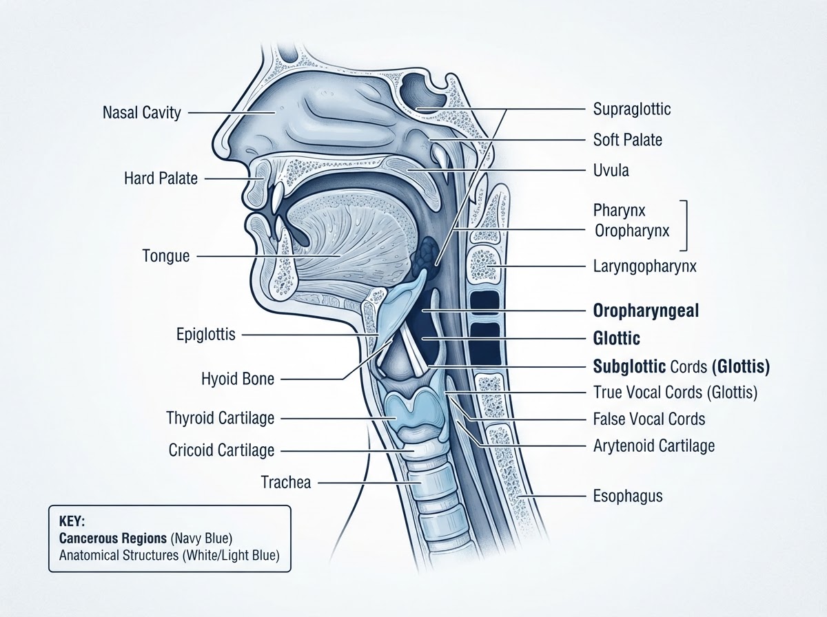 Anatomical diagram of the throat and larynx showing cancer-affected regions including glottic, supraglottic, subglottic, oropharyngeal, and hypopharyngeal areas