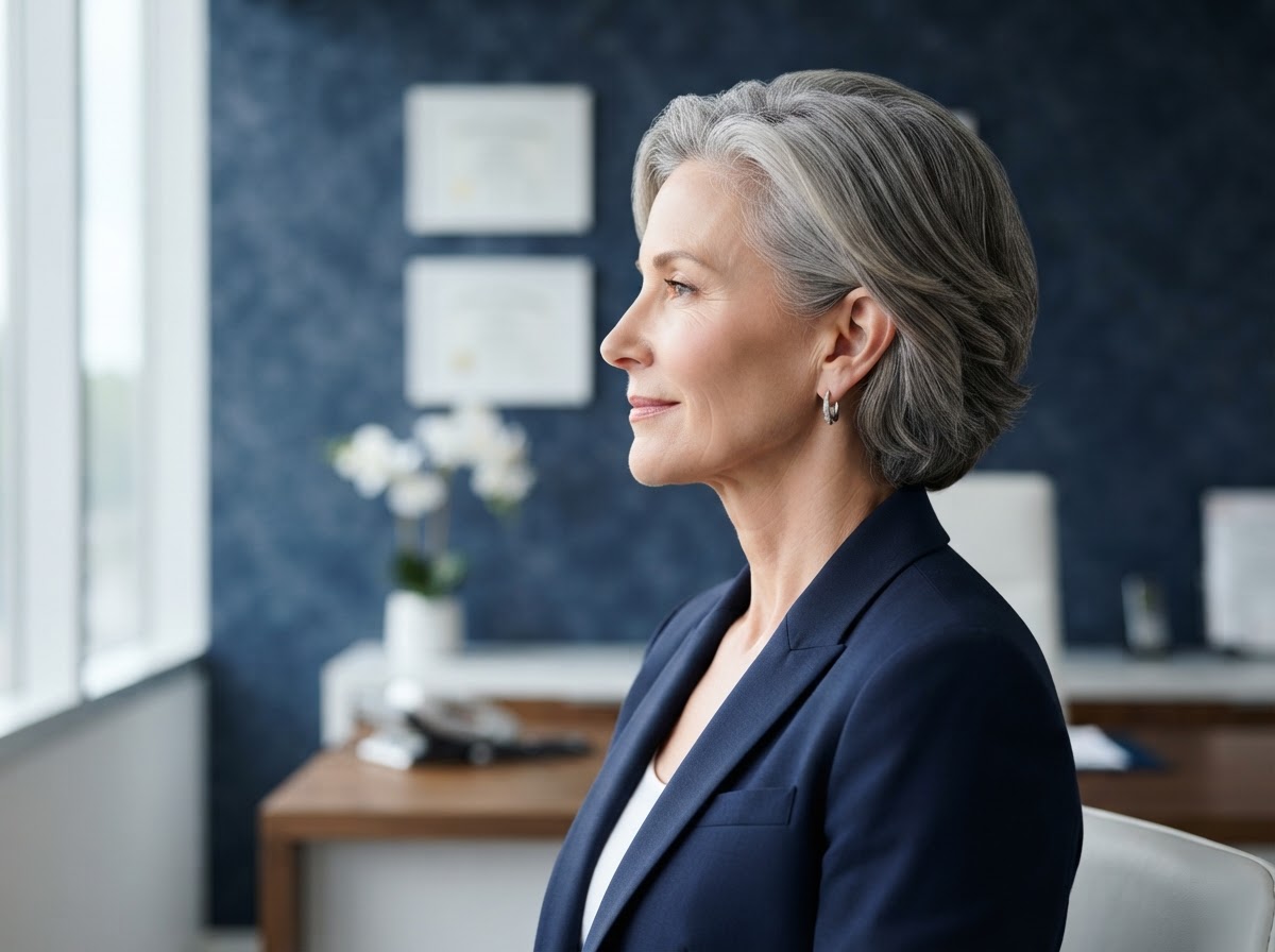 Side profile showing defined jawline and neck contour in a clinical setting