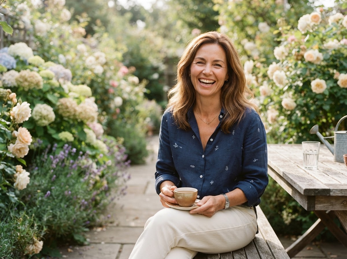 Recovered patient smiling in a garden after salivary gland surgery with preserved facial expression