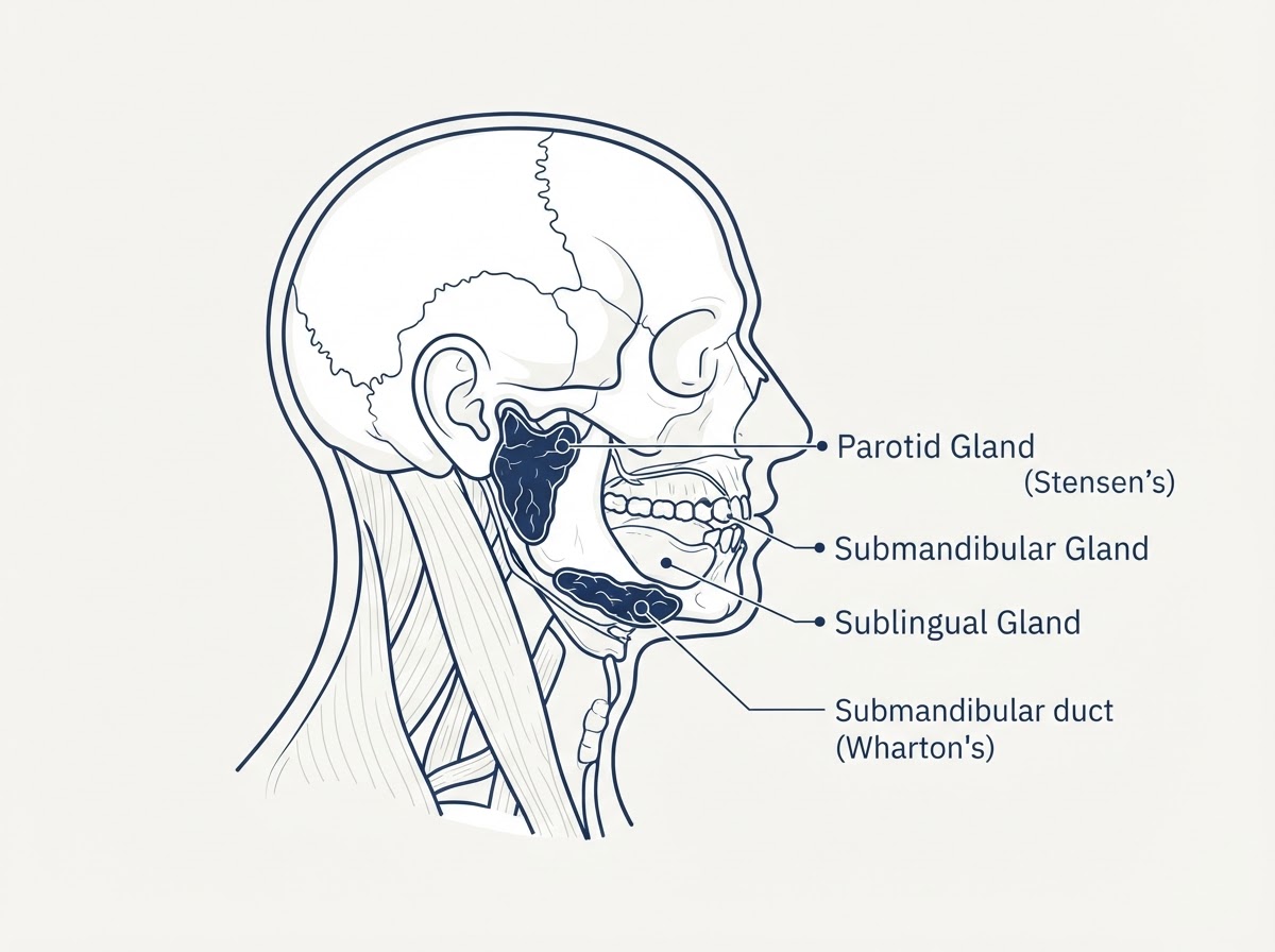 Anatomical diagram of the salivary glands showing the parotid gland near the ear, submandibular gland under the jaw, and sublingual gland under the tongue