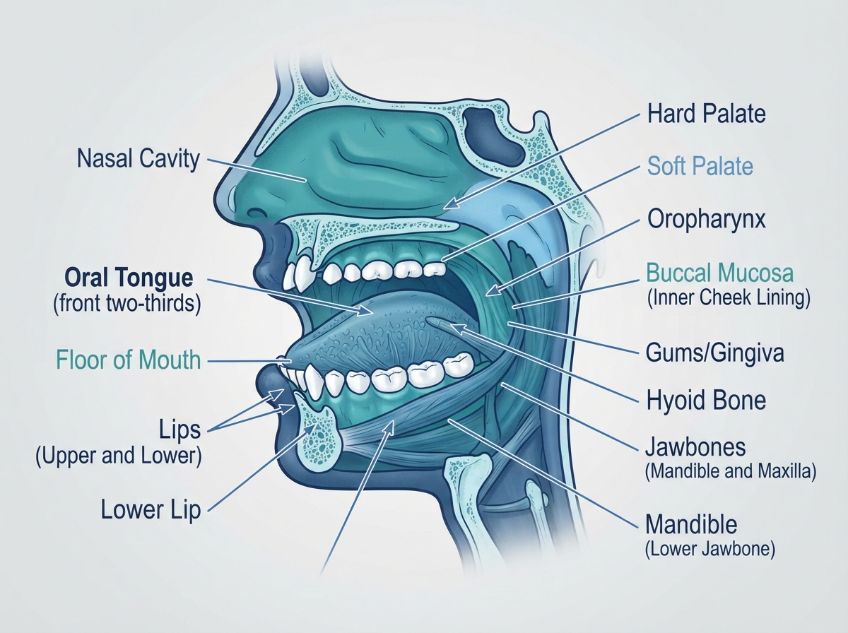 Anatomical diagram of the oral cavity showing labeled regions including oral tongue, floor of mouth, lips, buccal mucosa, gums, hard palate, and jawbones