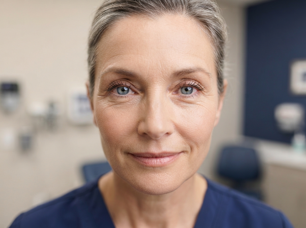 Close-up showing natural aging around the eye area in soft clinical lighting