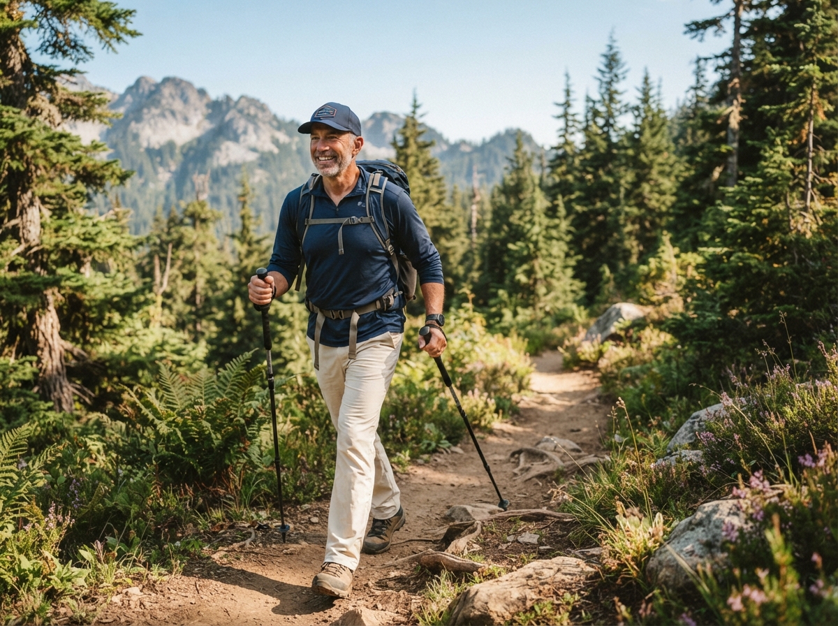 Recovered patient hiking on a nature trail after skull base surgery