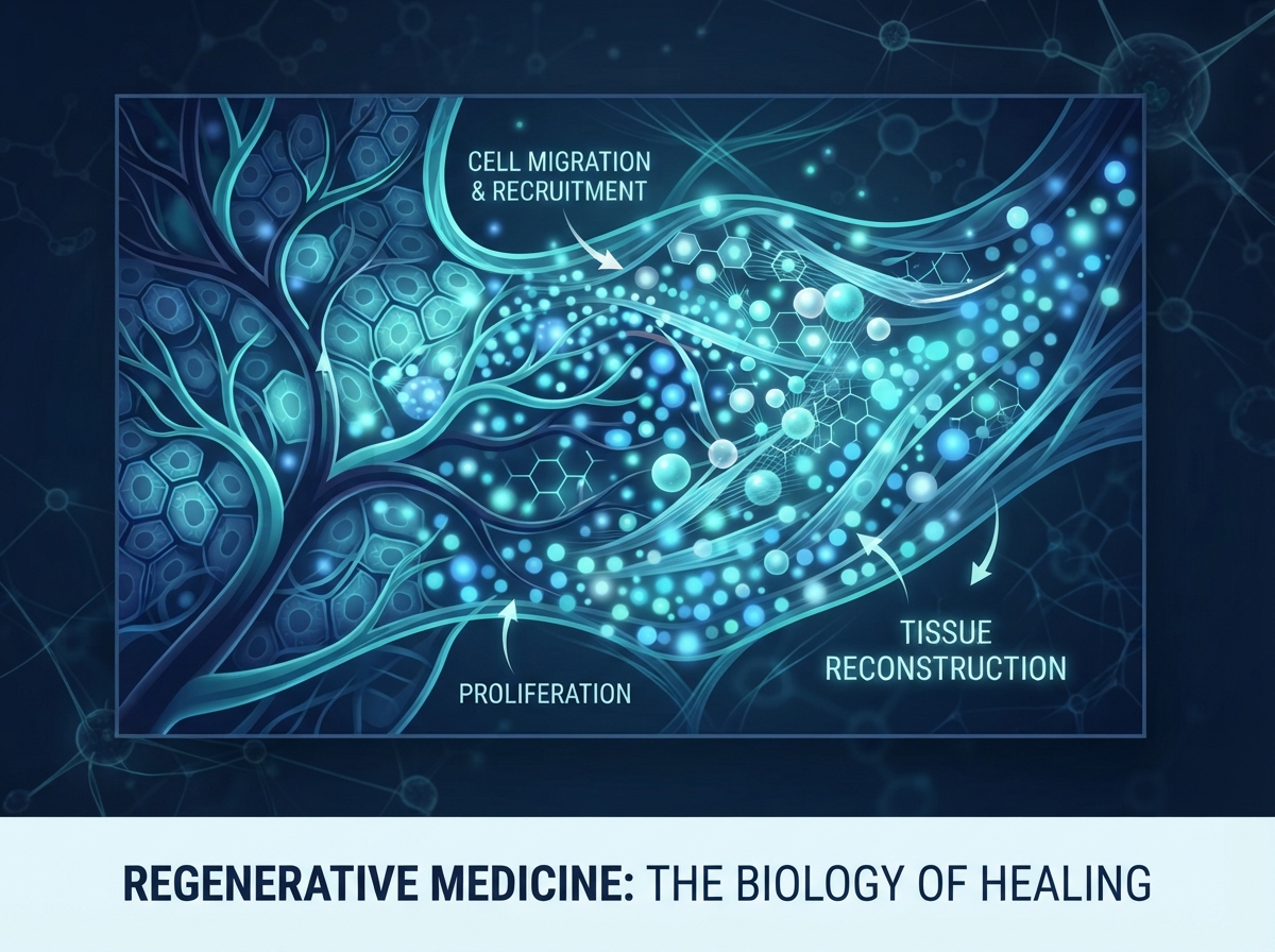 Scientific illustration of tissue healing and cellular regeneration