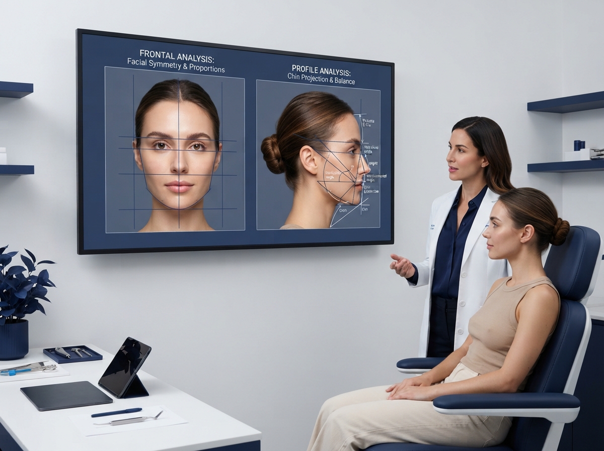 Front and side profile comparison showing facial balance and chin projection