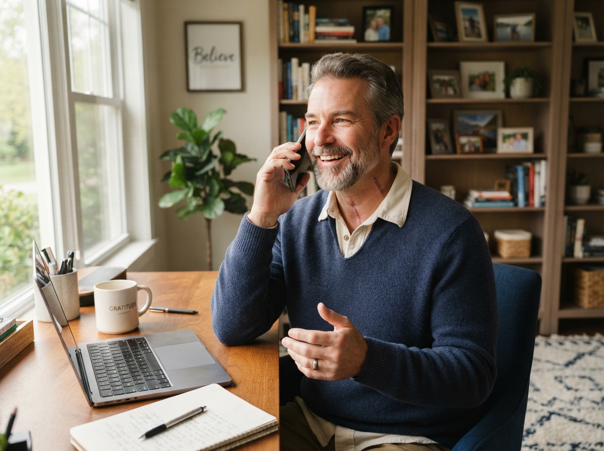 Recovered patient speaking confidently on the phone after laryngeal cancer surgery