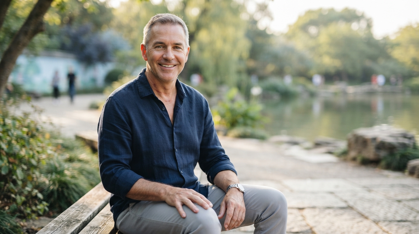 A confident man smiling outdoors representing a healthy recovery after head and neck cancer surgery by Dr. Hassan Nasser, showing restored health and positive outlook