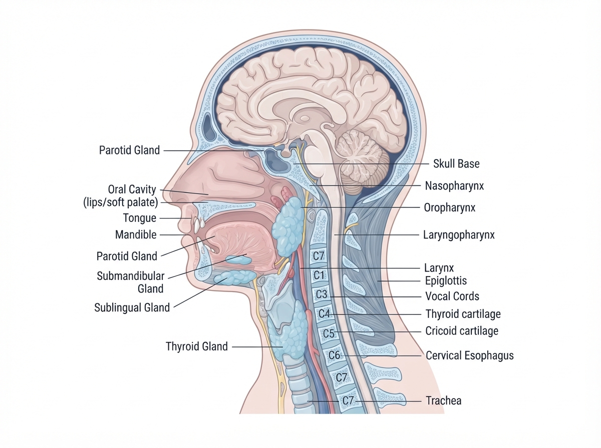 Medically accurate diagram of head and neck cancer regions showing the oral cavity, pharynx, larynx, thyroid gland, salivary glands, and skull base — illustrating areas treated by Dr. Hassan Nasser through surgical oncology
