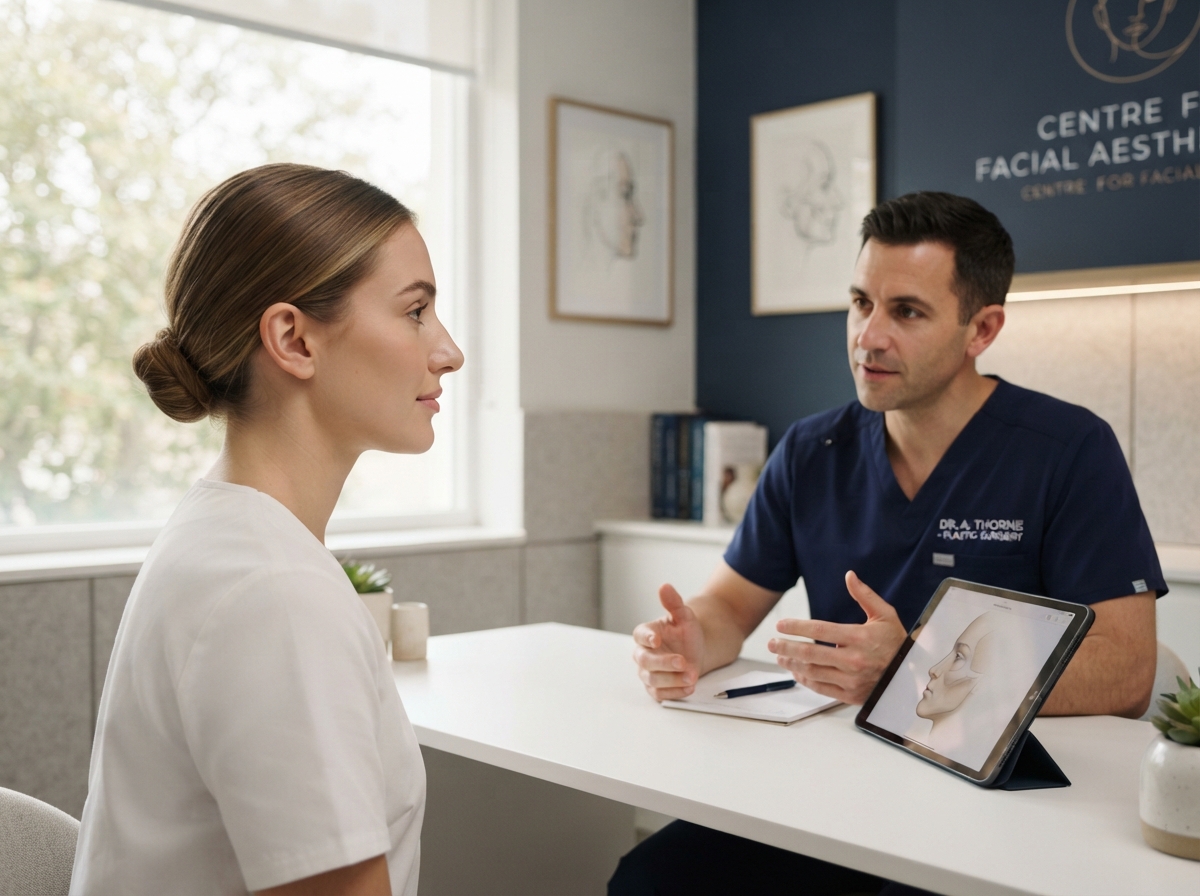 Patient consultation showing facial harmony and nasal contour in a clinical setting