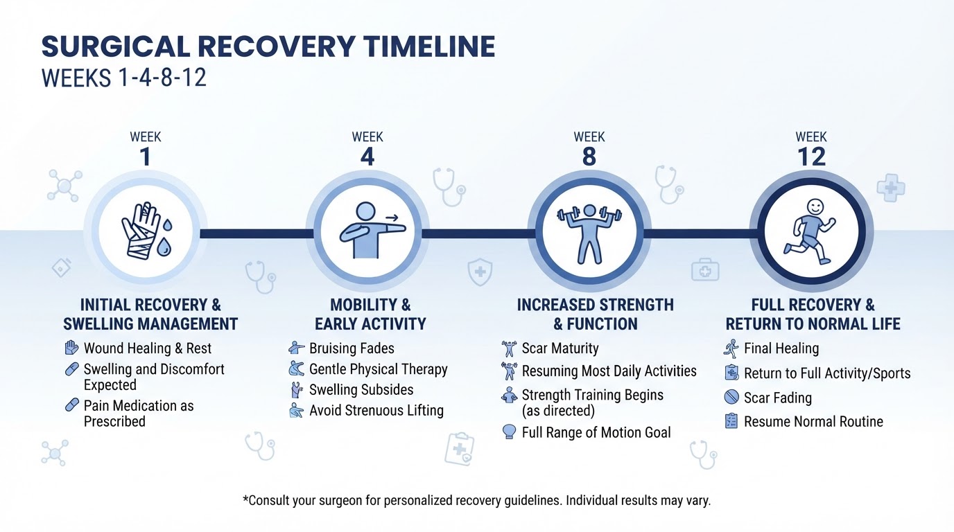 Medical infographic showing facial surgery recovery timeline from week 1 through week 12 with stages for swelling, bruising, activity, and full recovery