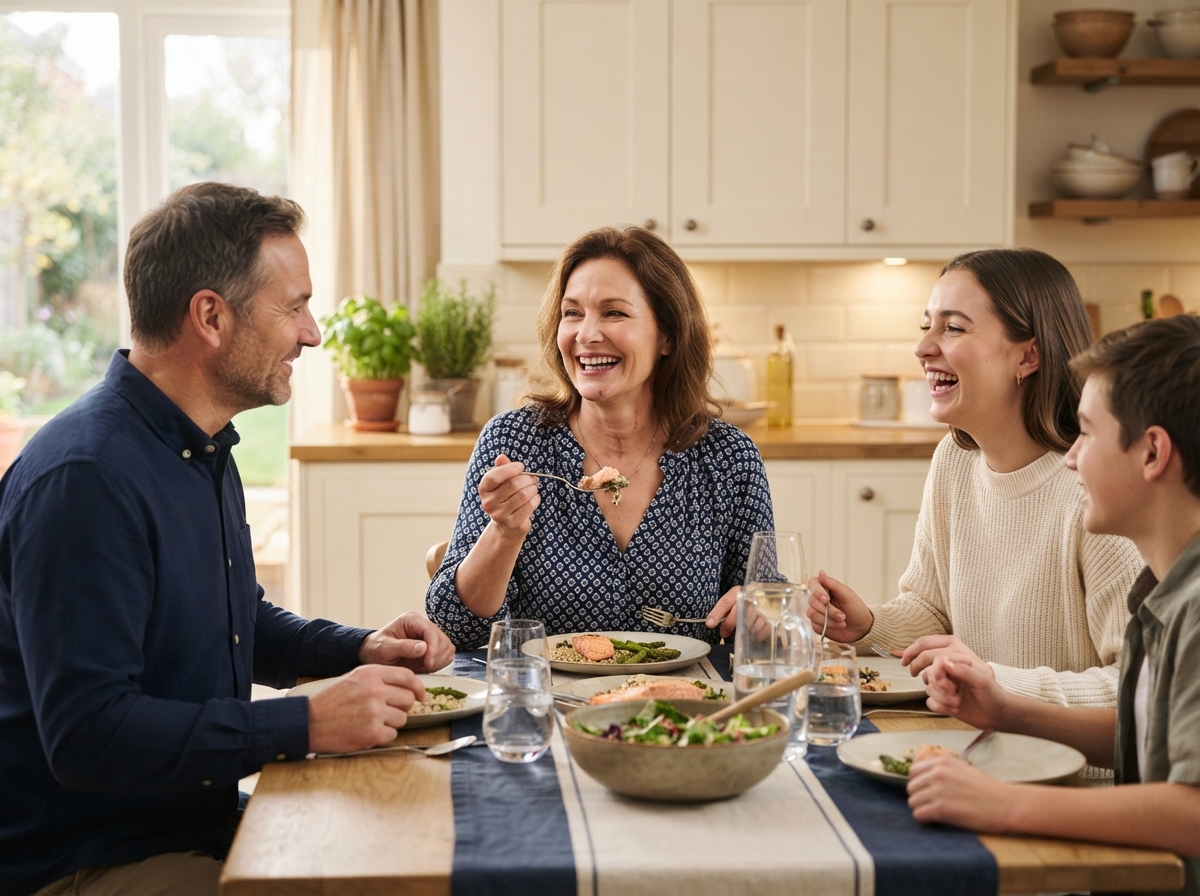 Recovered patient enjoying a meal with family after oral cavity cancer surgery