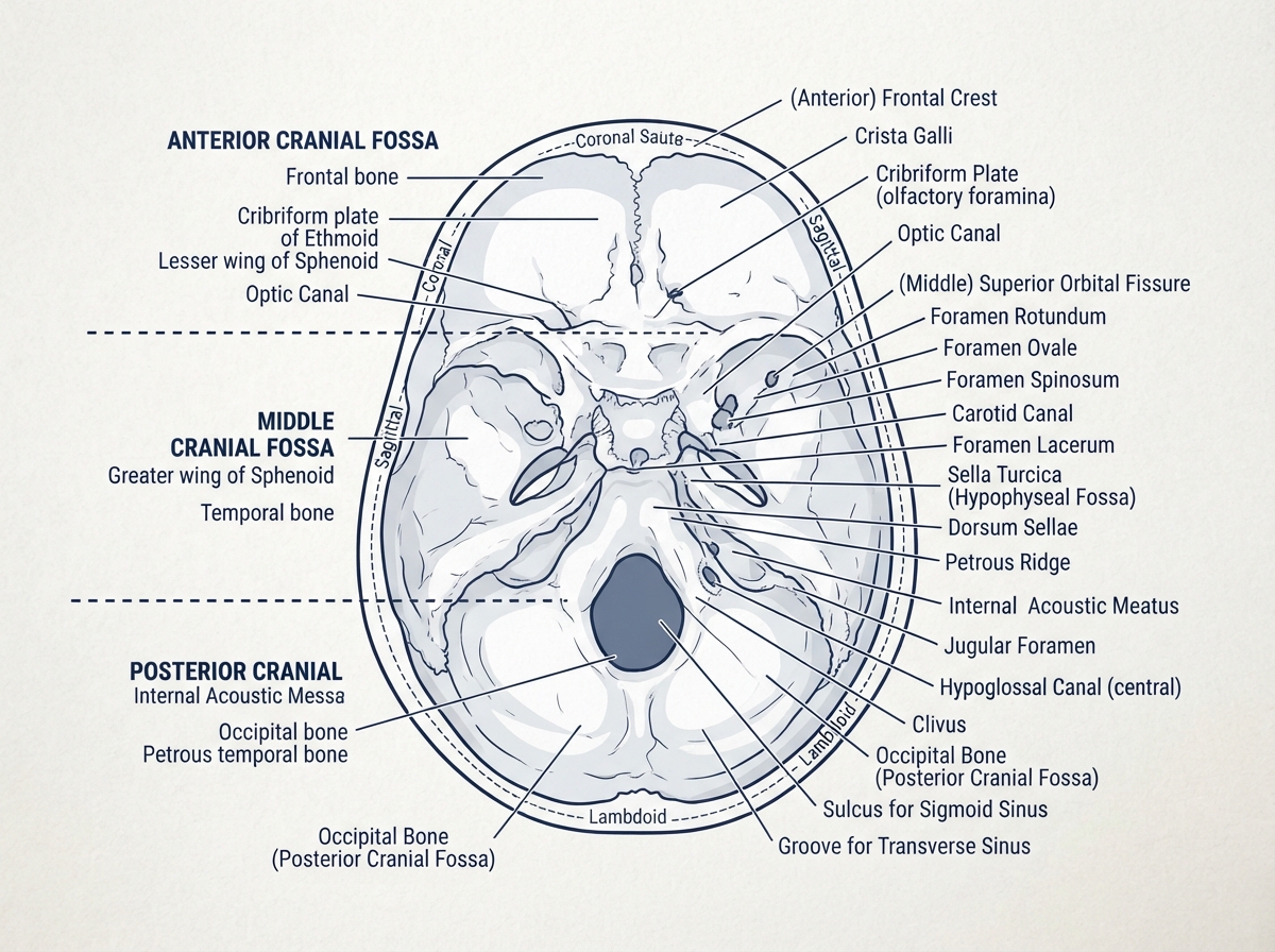 Anatomical diagram of the skull base showing the anterior, middle, and posterior cranial fossae with key bony landmarks and foramina