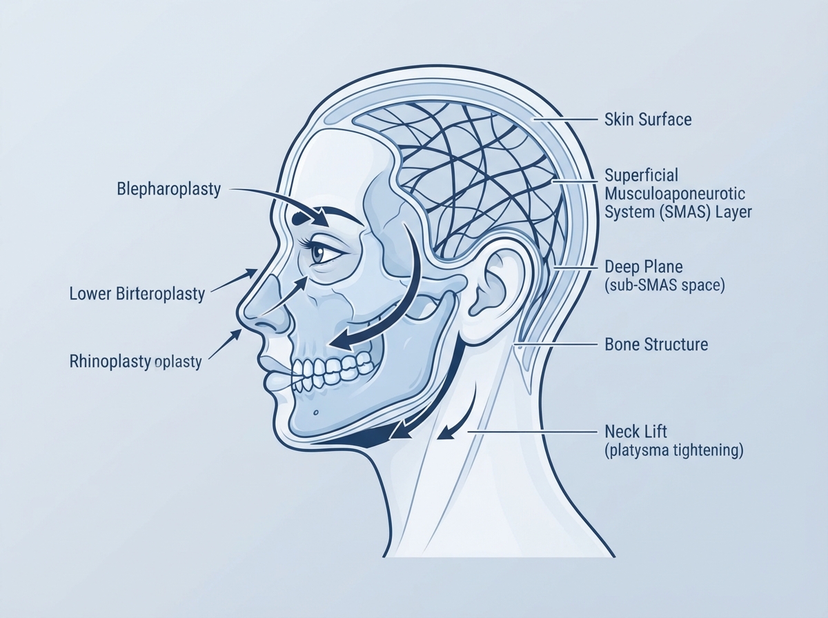 Medically accurate diagram of facial rejuvenation procedures showing anatomical layers including skin, SMAS, deep plane, and bone — illustrating areas addressed by facelift, blepharoplasty, rhinoplasty, and neck lift performed by Dr. Hassan Nasser