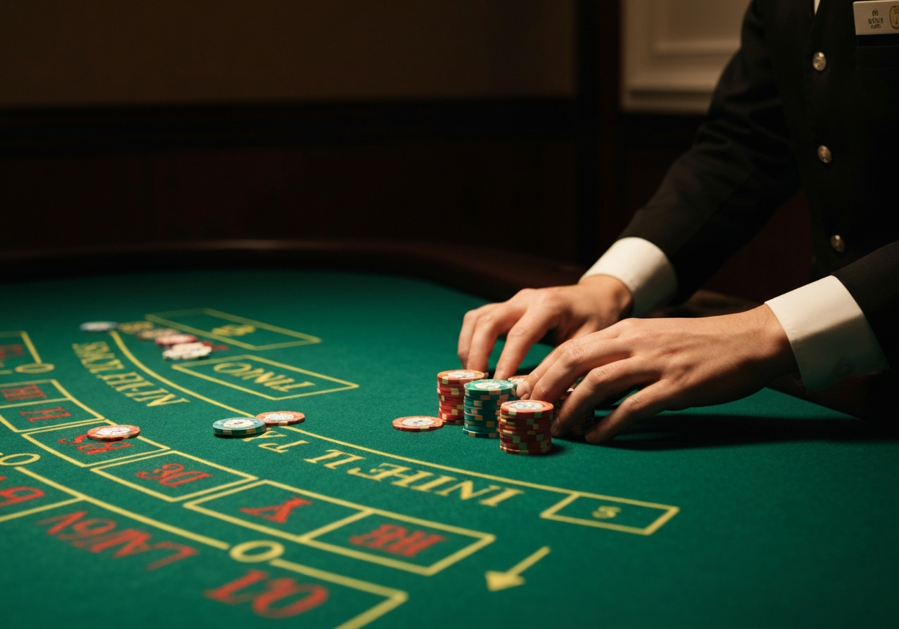 Private high-limit baccarat room with green felt table, high-denomination chips, and warm amber lighting