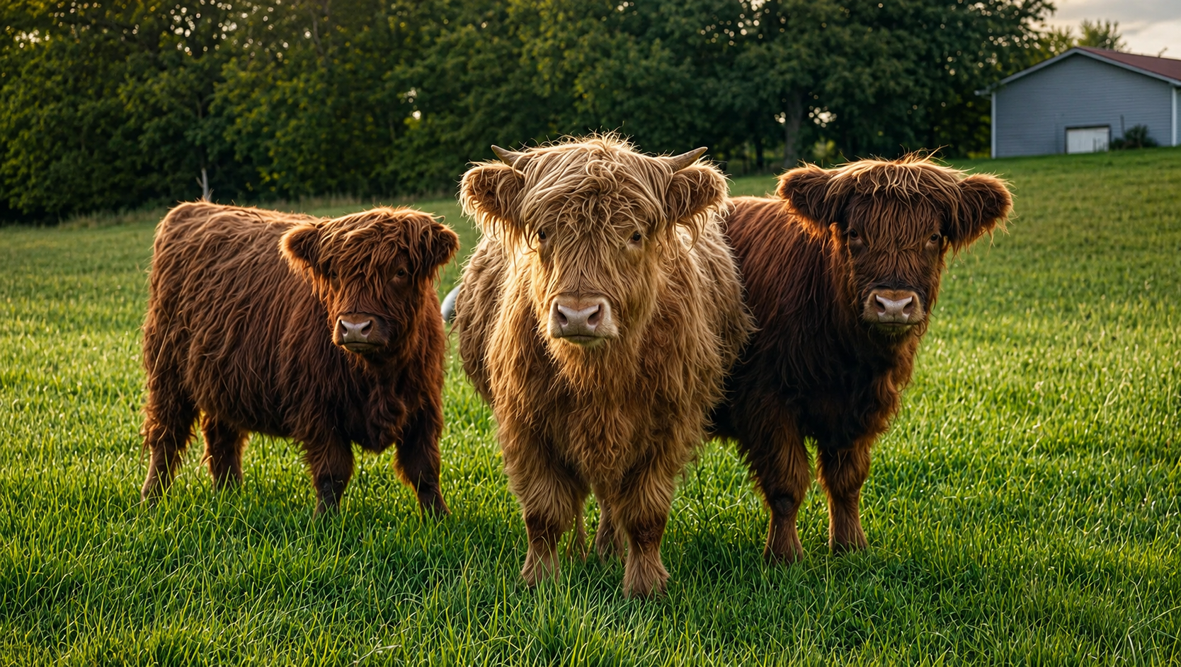 Scottish Highland cows Reba, Dolly, and Jolene at Faith Farm in Church Hill, Tennessee